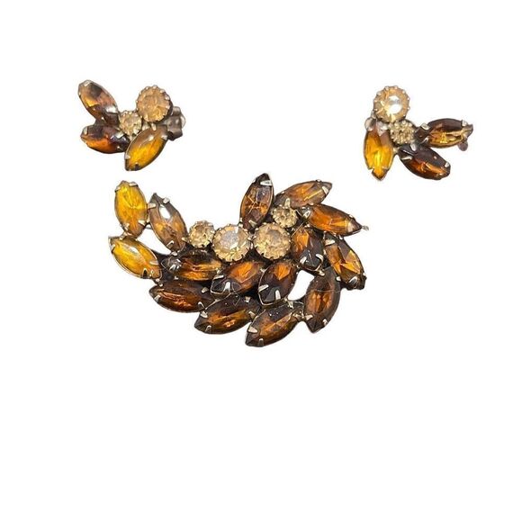 Vintage Goldtone Orange Brown Brooch and Clip On Earring Set Parure - Picture 1 of 5